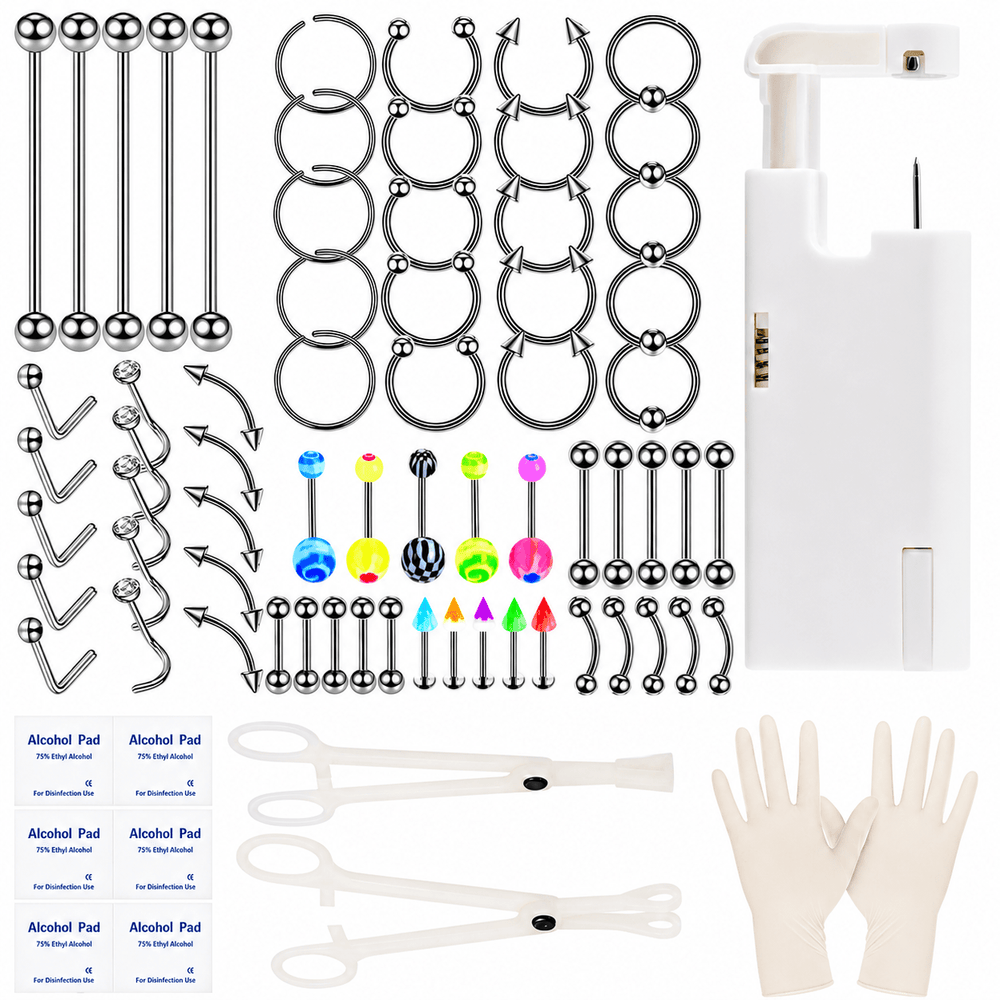 Complete Men's Body Piercing Kit: Bold DIY Tool Set with Piercing Gun, Clamps, Gloves & Stainless Steel Jewelry for Ear, Nose, Septum, Lip & Eyebrow