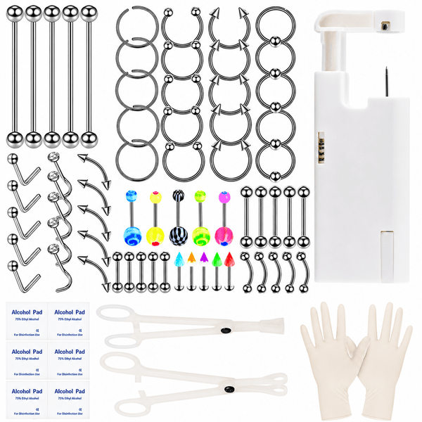 Complete Men's Body Piercing Kit: Bold DIY Tool Set with Piercing Gun, Clamps, Gloves & Stainless Steel Jewelry for Ear, Nose, Septum, Lip & Eyebrow
