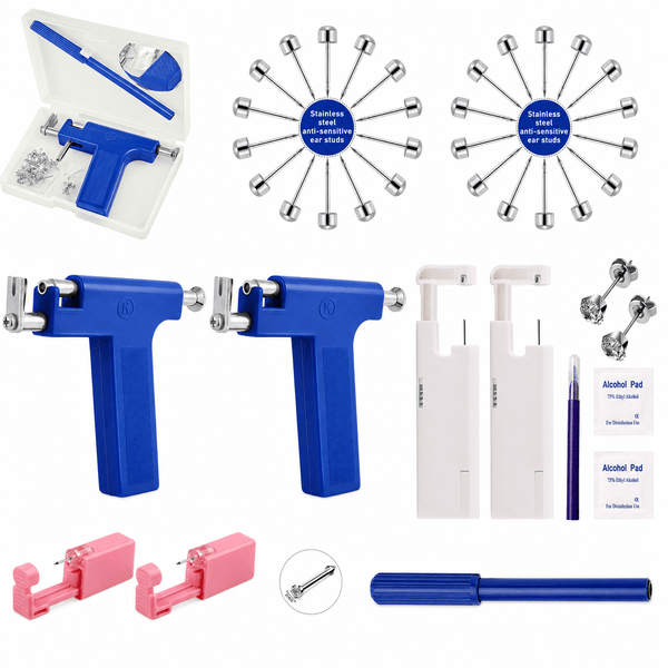 40PCS Ear Piercing Kit Set, 316 Stainless Steel Ear Studs, 2 Blue Piercing Guns, Disposable Piercing Tools, Marker Pen, Ear Piercing Supplies