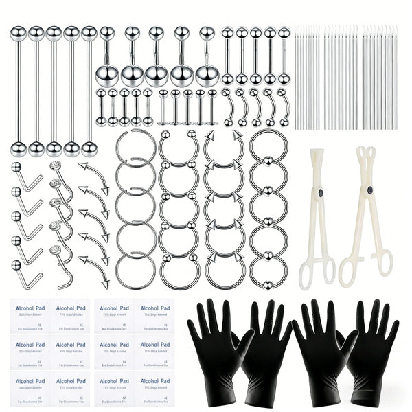 120PCS Stainless Steel Ear Stud & Body Jewelry Accessory Set, Unisex Style