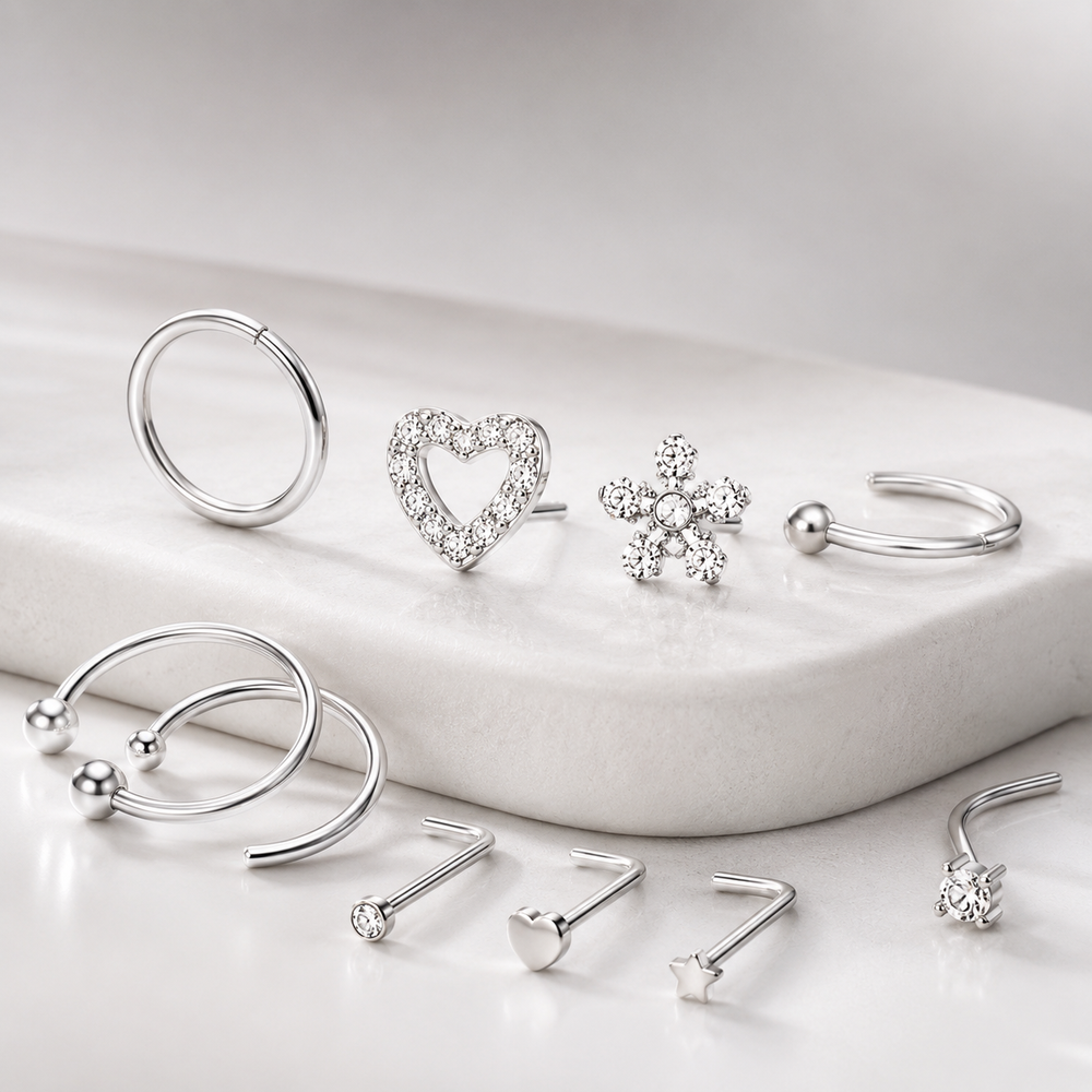 22Pcs Stainless Steel Nose Rings Studs Set for Women Men, L Shaped Nose Studs Bone Screw Nose Hoops 20G Piercing Jewelry Butterfly Heart Flower CZ Inlaid
