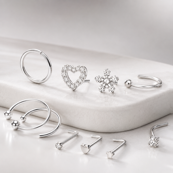 22Pcs Stainless Steel Nose Rings Studs Set for Women Men, L Shaped Nose Studs Bone Screw Nose Hoops 20G Piercing Jewelry Butterfly Heart Flower CZ Inlaid