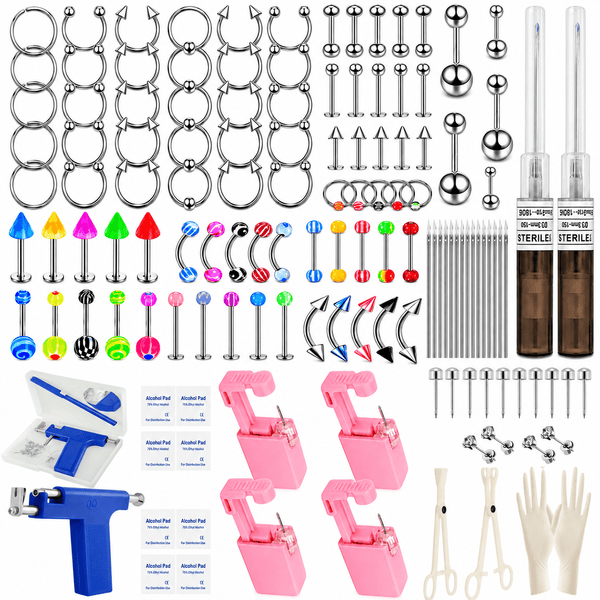 143PCS DIY Body Piercing Jewelry Set Tool Kit Upgraded Ear Piercing Gun Nose Piercer Horseshoe Rings Belly Lip Tongue Barbell