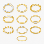 10PCS K14 Gold Plated Copper Alloy Stackable Ring Set, Regular Size, Golden Minimalist Rings With Chain, Leaf, Twist, Plain Band & Clear Stone Designs, Fashion Jewelry For Women Daily Wear