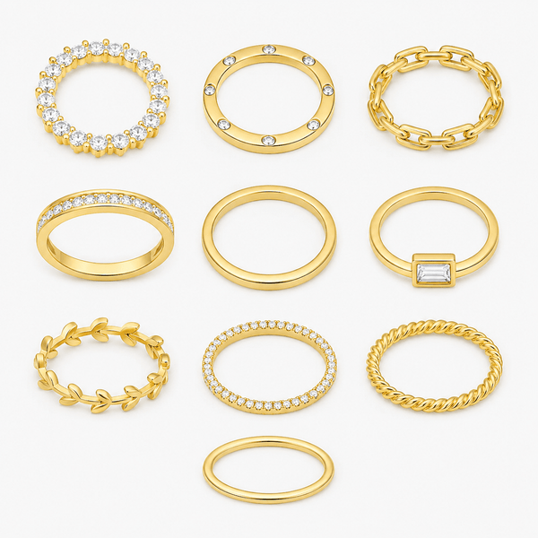 10PCS K14 Gold Plated Copper Alloy Stackable Ring Set, Regular Size, Golden Minimalist Rings With Chain, Leaf, Twist, Plain Band & Clear Stone Designs, Fashion Jewelry For Women Daily Wear