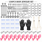 130PCS Body Jewelry & Pink Piercing Tool Set - 316 Stainless Steel Jewelry, Silvery