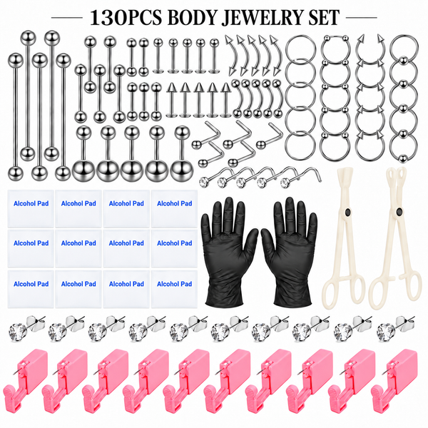130PCS Body Jewelry & Pink Piercing Tool Set - 316 Stainless Steel Jewelry, Silvery