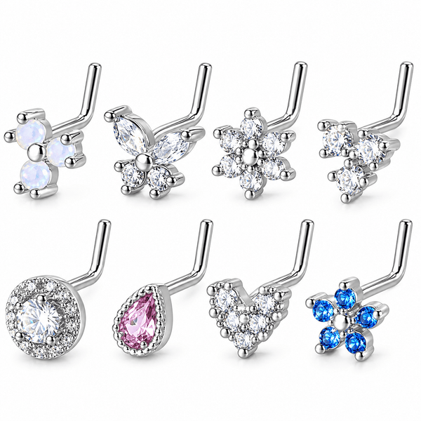 8PCS 20G Copper Alloy L-Shaped Nose Studs - Butterfly, Flower & Heart CZ