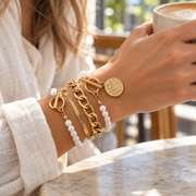 4PCS K14 Gold Plated Titanium Bracelet Set - Link & Herringbone Chains, Pearl OT Clasp