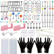 132pcs Body Piercing Set, Stainless Steel, Including 14G And 16G Specifications (BCR, CBR, Labret Studs, Labret Rings, Cartilage Rings, Septum Studs, Navel Rings, Jewelry Accessory Pieces, Gloves, Pliers Tools), Comes with Two Pink Piercing Guns