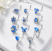 11PCS Copper Alloy Nose Studs Set For Women With Blue Zirconia, Mixed Flower Butterfly Heart Shape Nostril Piercing Jewelry, Dainty L-Shaped Nose Rings Pack
