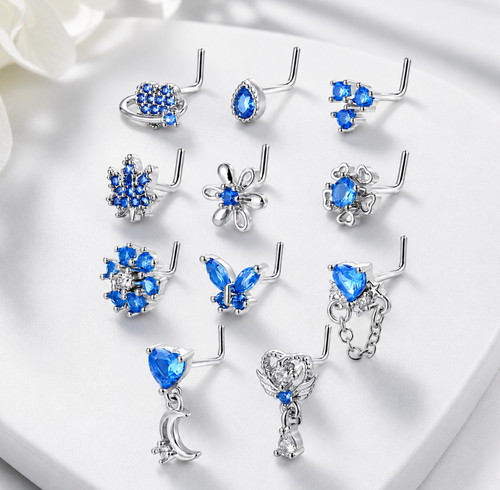 
  
    11PCS Copper Alloy Nose Studs Set For Women With Blue Zirconia, Mixed Flower Butterfly Heart Shape Nostril Piercing Jewelry, Dainty L-Shaped Nose Rings Pack
  
