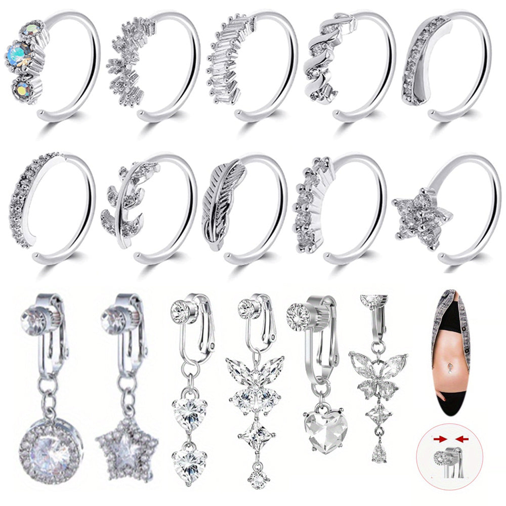 16PCS Stainless Steel Jewelry Set - 10 Nose Rings & 6 Navel Clips
