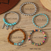 5PCS Men's Western Beaded Bracelet Set - Turquoise, Wood Beads & Bull Skull Charms