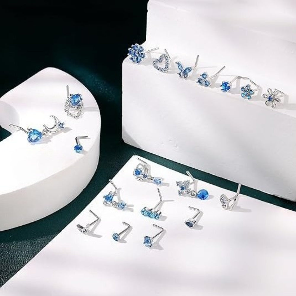 11PCS Copper Alloy Nose Studs Set For Women With Blue Zirconia, Mixed Flower Butterfly Heart Shape Nostril Piercing Jewelry, Dainty L-Shaped Nose Rings Pack