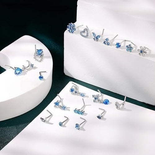 
  
    11PCS Copper Alloy Nose Studs Set For Women With Blue Zirconia, Mixed Flower Butterfly Heart Shape Nostril Piercing Jewelry, Dainty L-Shaped Nose Rings Pack
  
