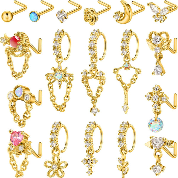 18 PCS Dangling Nose Rings Hoops l Shap Dangle Nose Stud 20g Stainless Steel Indian Piercing Jewelry for Women