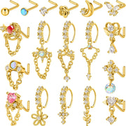 18PCS K14 Gold Plated Copper Alloy Nose Rings & Studs Set with Piercing Tool Kit, Dangle Chain, CZ Moon & Flower Designs for Women