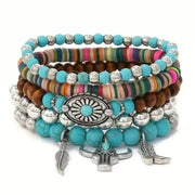 5PCS Men's Western Beaded Bracelet Set - Turquoise, Wood Beads & Bull Skull Charms