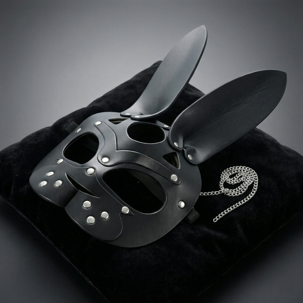 Black PU Leather Bunny Half Mask with Rivets - Cosplay & Masquerade