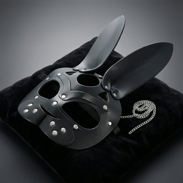 Black PU Leather Bunny Half Mask with Rivets - Cosplay & Masquerade