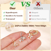 24PCS 20G K18 Gold-Plated Copper Nose Ring Pendants, Women's L-Shaped Nose Stud Set with CZ Flower/Leaf/Heart/Moon/Star/Butterfly Pendants, Delicate Nose Jewelry