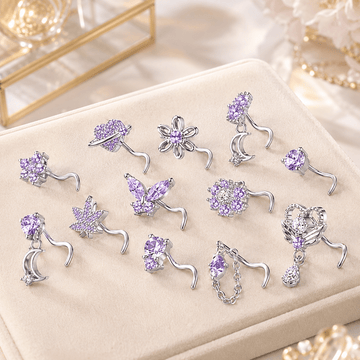 12PCS Copper Alloy Nose Studs Set, Silvery Tone Purple Rhinestone Nose Jewelry, Flower Heart Butterfly Moon Chain Designs, Fashion Body Jewelry For Women Daily Wear