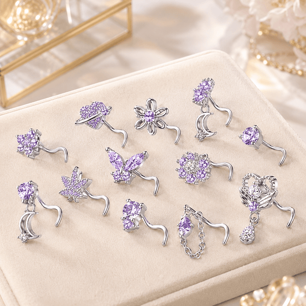 12PCS Copper Alloy Nose Studs Set, Silvery Tone Purple Rhinestone Nose Jewelry, Flower Heart Butterfly Moon Chain Designs, Fashion Body Jewelry For Women Daily Wear