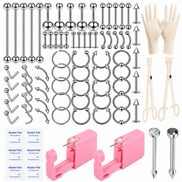 Complete DIY Body Piercing Kit Stainless Steel Jewelry Belly Button Nose Lip Eyebrow Tongue Rings Hoops Studs With Piercing Tools Accessories Set
