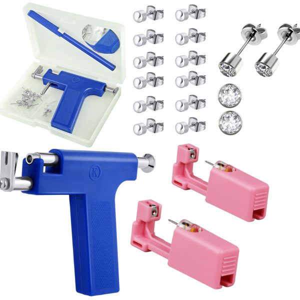 Bold Blue Ear Piercing Gun Kit with Disposable Nose Piercers, 316 Stainless Steel & CZ Zircon Studs Jewelry Set