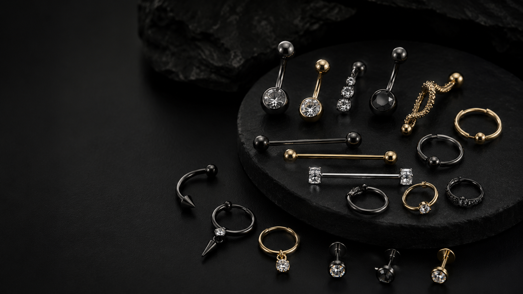 DULAUS body jewelry sets on dark styling background